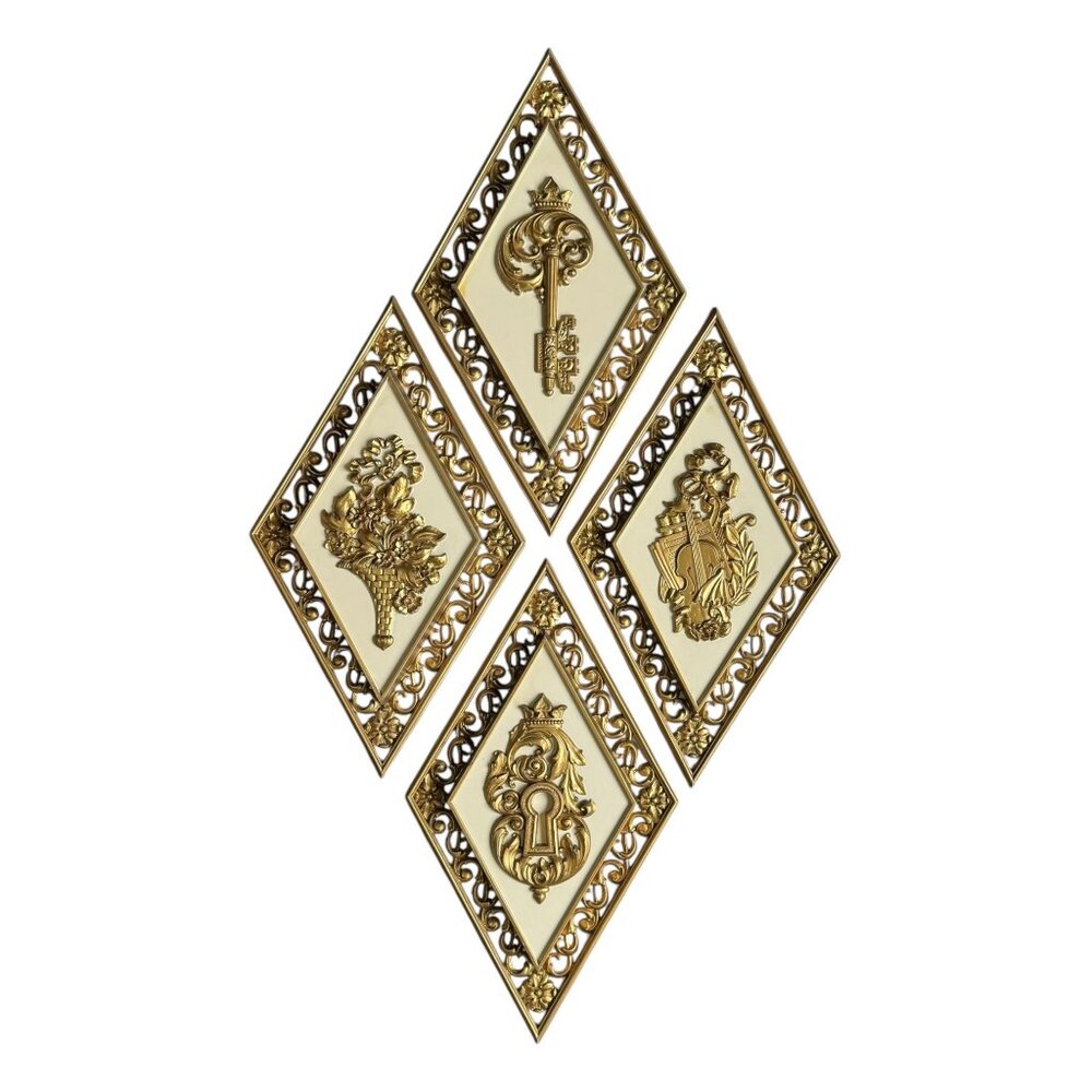 Syroco Set Of 4 Vintage Gold Diamond-Shaped Wall Plaques Ornate Design MCM Decor